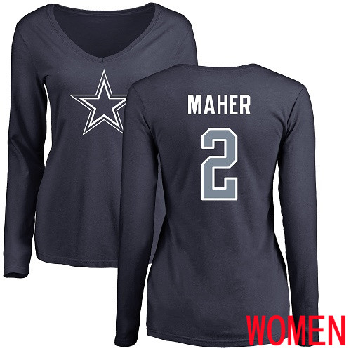 Women Dallas Cowboys Navy Blue Brett Maher Name and Number Logo Slim Fit #2 Long Sleeve Nike NFL T Shirt->women nfl jersey->Women Jersey